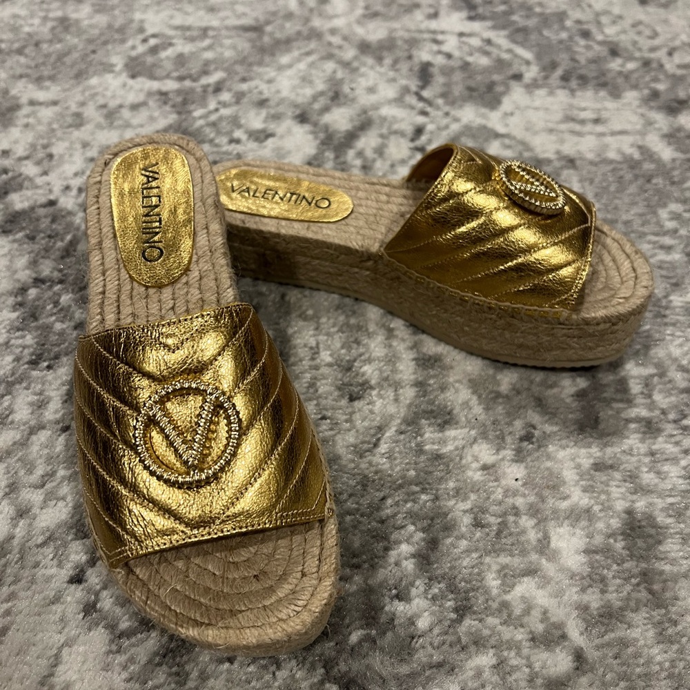 Valentino Gold Espadrille Slides